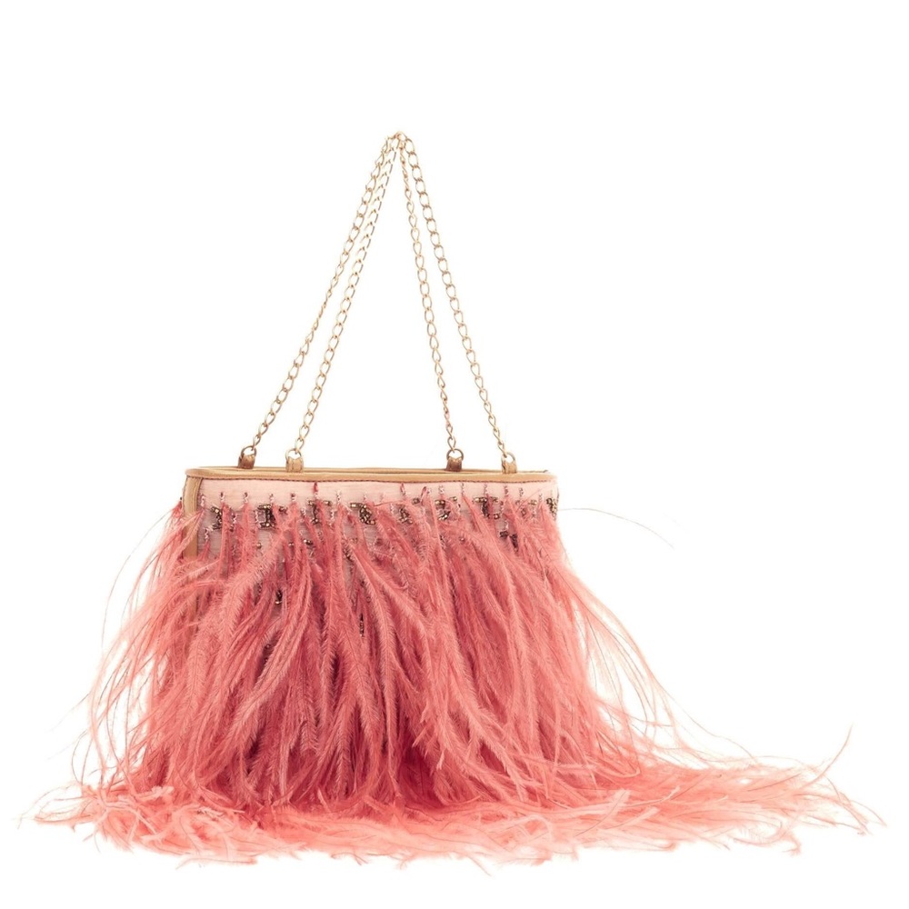Pink Chanel pochette chain strap feather bag